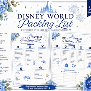 May include: A two-page printable Disney World packing list featuring blue text and illustrations of a castle, fireworks, and blue hydrangea flowers. The document includes categorized checklists for park essentials, clothing, and vacation items.
