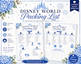 May include: A two-page printable Disney World packing list featuring blue text and illustrations of a castle, fireworks, and blue hydrangea flowers. The document includes categorized checklists for park essentials, clothing, and vacation items.