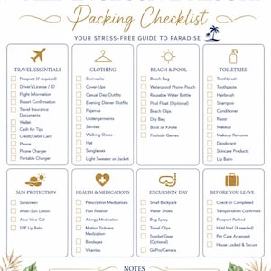 May include: An all-inclusive resort packing checklist with blue hydrangea floral accents. The document features eight categorized sections including travel essentials, clothing, beach and pool, toiletries, sun protection, health, and excursions.