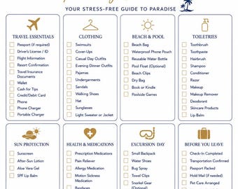 May include: An all-inclusive resort packing checklist with blue hydrangea floral accents. The document features eight categorized sections including travel essentials, clothing, beach and pool, toiletries, sun protection, health, and excursions.