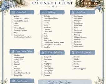 May include: A Mountain Getaway packing checklist printed on cream paper with blue headers and watercolor illustrations of mountains, pine trees, and a cabin. The list includes categories like Essentials, Clothing, Toiletries, and Electronics with checkboxes.