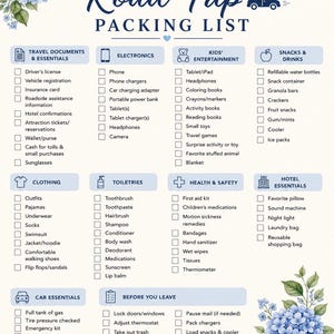 Könnte beinhalten: Eine Familien-Roadtrip-Packliste auf weißem Hintergrund mit blauen Hortensien-Blumenmotiven. Das Dokument enthält kategorisierte Checklisten für Reisedokumente, Elektronik, Kinderunterhaltung, Snacks, Kleidung, Toilettenartikel und mehr.
