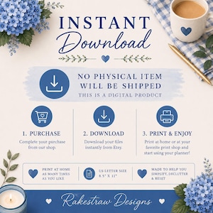 May include: A digital product instruction graphic with blue text reading INSTANT DOWNLOAD, NO PHYSICAL ITEM WILL BE SHIPPED, and steps 1, 2, and 3. It features icons for a shopping cart, download, and printer, plus US letter size 8.5" x 11" text.