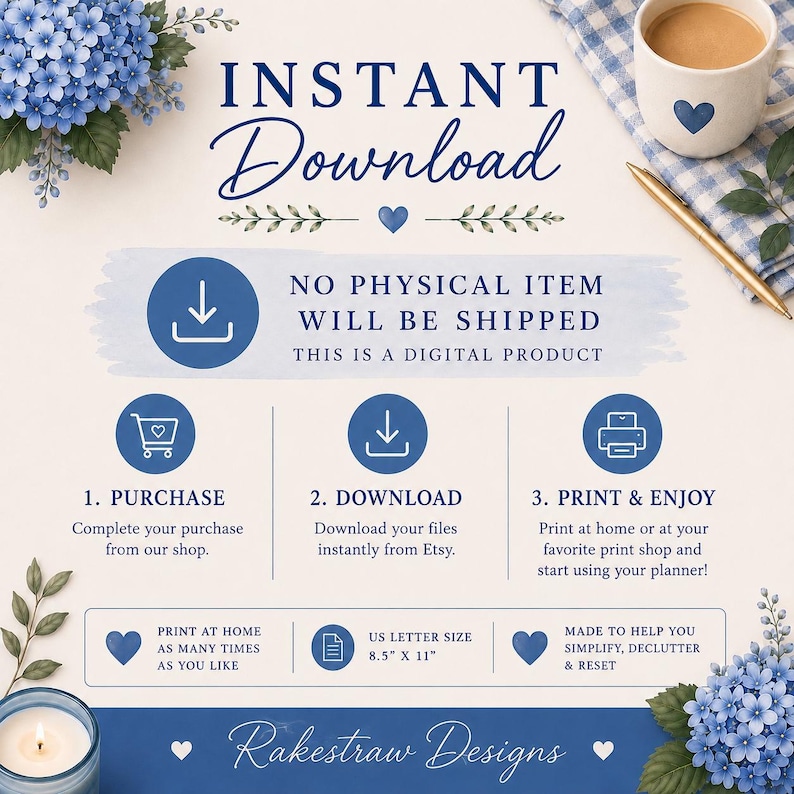 May include: A digital product instruction graphic with blue text reading INSTANT DOWNLOAD, NO PHYSICAL ITEM WILL BE SHIPPED, and steps 1, 2, and 3. It features icons for a shopping cart, download, and printer, plus US letter size 8.5" x 11" text.