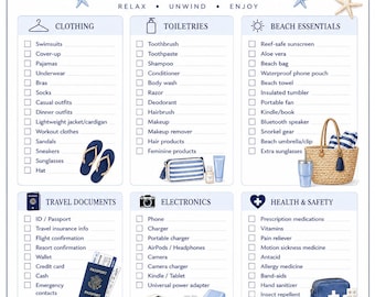 May include: A Summer Beach Vacation packing checklist featuring categories for clothing, toiletries, beach essentials, travel documents, electronics, and health and safety. The document includes illustrations of a straw hat, sunglasses, starfish, a beach bag, and a passport, with the text 'SUMMER Beach Vacation PACKING CHECKLIST' at the top.