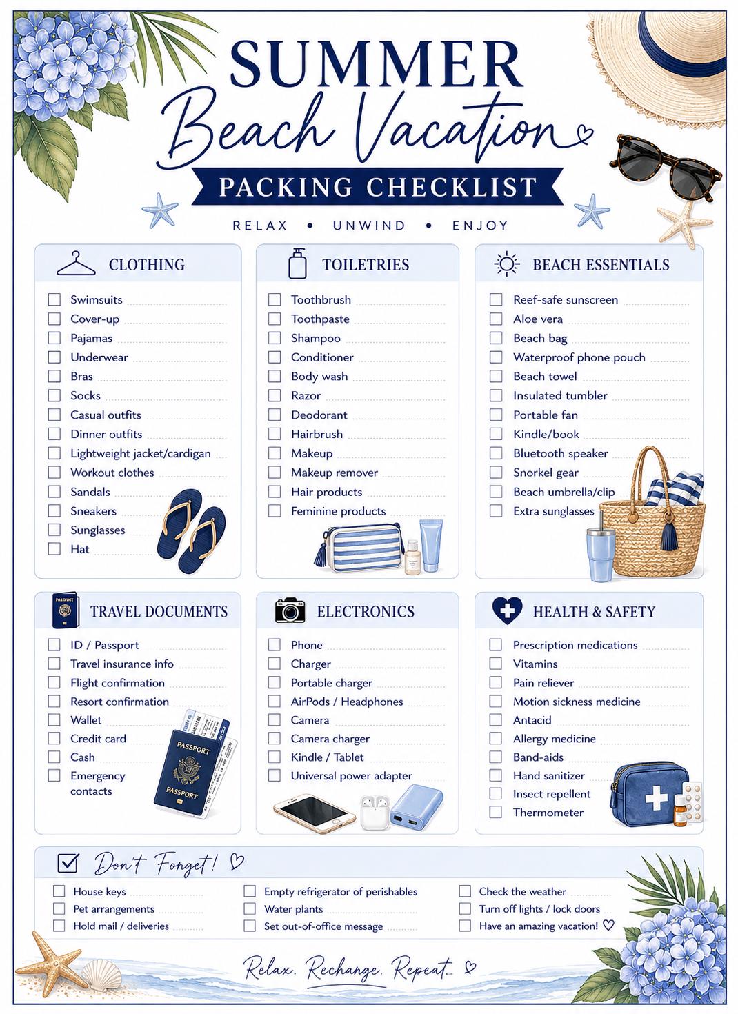 Summer Beach Vacation Packing Checklist Printable Tropical Travel Packing List Family Vacation Planner Beach Trip Organizer PDF
