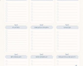 May include: A grocery shopping list planner featuring blue hydrangea floral illustrations in the corners. The page includes nine categorized sections labeled Produce, Meat & Seafood, Dairy & Eggs, Pantry, Frozen Foods, Snacks, Beverages, Household, Health & Beauty, and a Notes section with checkboxes.