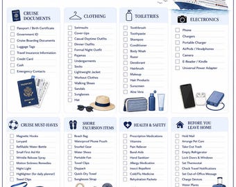 May include: A cruise packing checklist featuring blue floral accents, a cruise ship, and an anchor. The document includes categorized lists for documents, clothing, toiletries, electronics, must-haves, excursions, health, and home preparation.