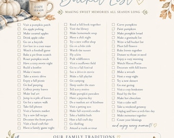 May include: A Fall Family Bucket List printable featuring a checklist of seasonal activities, decorative watercolor illustrations of pumpkins, autumn leaves, and a mug labeled Cozy Season. The text includes a section for Our Family Traditions.