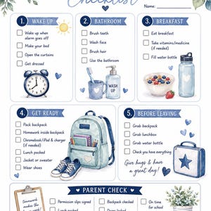 Pode incluir: Uma lista de verificação para a manhã escolar impressa em papel branco com detalhes florais azuis. Inclui cinco seções numeradas para tarefas diárias, como acordar, banheiro, café da manhã, preparar-se e antes de sair, com caixas de seleção.