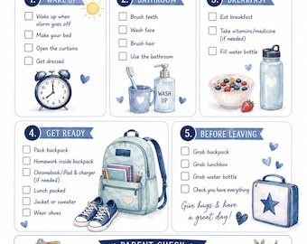 May include: A School Morning Checklist printed on white paper with blue floral accents. It features five numbered sections for daily tasks including wake up, bathroom, breakfast, get ready, and before leaving, plus a parent check section with checkboxes.