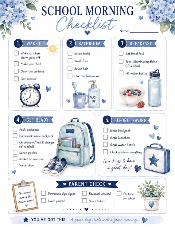 School Morning Checklist Printable | Kids Morning Routine Chart | Back to School Routine | Daily Checklist for Kids | US Letter PDF