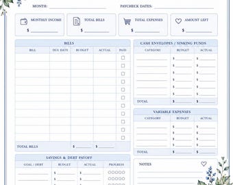 May include: A monthly budget tracker printable sheet featuring blue hydrangea floral accents. The document includes sections for income, bills, cash envelopes, variable expenses, and savings goals with the text Monthly Budget Tracker.