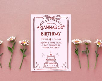 Birthday and Bows Invitation | EDITABLE Canva Template | Printable Girl Birthday Party Invite | Digital Download | Pink & Red Bow Theme