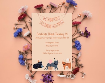 Cat Birthday Paw-ty Invitation | Editable Canva Template | Meow Party Digital Invite | Printable Pet Birthday | Instant Download