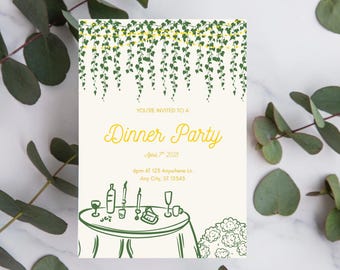 May include: A cream-coloured dinner party invitation with green and yellow details. The top has a green vine design. The text "YOU'RE INVITED TO A Dinner Party" is in yellow script. The date, time, and location are also included.