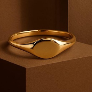 14K Gold Vermeil Signet Ring, Personalized Dainty Ring, Oval Shape Dome Gold Ring, Stackable Ring, Personalization Anniversary Gift For Wife