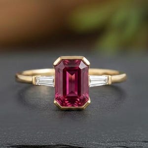 Unique Emerald Cut Ruby Engagement Ring, Solitaire July Birthstone Jewelry,  Red Gemstone  Wedding Ring, Vintage Bezel Set Side Stone Ring