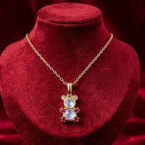 Collier unique ours en peluche pierre de lune, joli pendentif ours rubis, pendentif breloque nounours vintage en or rose massif 14 carats accent rubis, pendentif de luxe