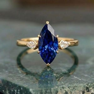 Unique Marquise Cut Sapphire And Pear  Moissanite Engagement Ring, 14K Solid Gold Blue Gemstone Wedding Ring, Anniversary Gift Ring For Her