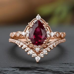 May include: A rose gold engagement ring set with a pear-shaped, deep red gemstone and small, clear accent stones. The ring has an ornate, vintage-inspired design. The band is paired with a matching, curved wedding band.