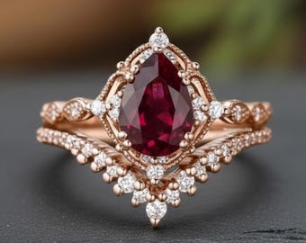Pear Shaped Vintage Ruby Engagement Ring Set, Solid Gold Bridal Set Ring Moissanite Cluster Ring Art Deco Ring Set Anniversary Gifts for Her