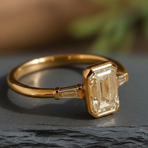 2 CT Emerald Cut Moissanite Engagement Ring, Three Stone Wedding Ring, Half Bezel Set Baguette Cut Side Tapper Ring Anniversary Ring For Her