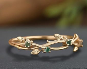 14K Moss Agate Leaf Wedding Band, Rose Gold Nature Inspired Matching Band, Unique Green Gemstone Ring, Anniversary & Promise Ring For Women