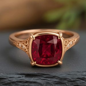 May include: A rose gold ring featuring a large, square-cut ruby gemstone. The ring has an ornate design with small accent stones and decorative detailing on the band. The ruby is a deep red color, and the ring is set on a dark gray surface.