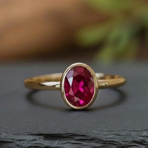 Puede incluir: Un anillo de oro con una gran gema de rubí de corte ovalado. El rubí es de color rojo vibrante y está engastado en un bisel. La banda del anillo es de oro pulido. El anillo se muestra sobre una superficie oscura.