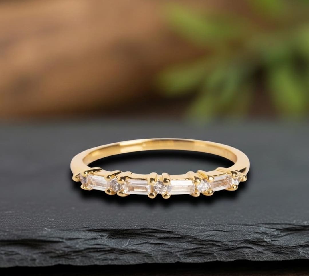 Baguette and Round Diamond Band – 14k Yellow Gold Wedding Ring ...