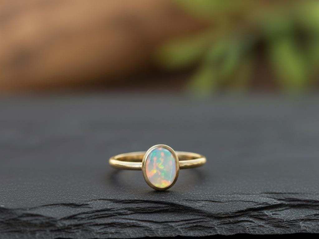 Natural Opal Ring 14k Solid Gold Engagement Ring, Bezel Set Stackable…