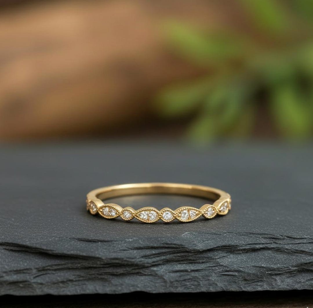 Vintage Half Eternity Diamond Band, Round Cut Moissanite Wedding Band ...