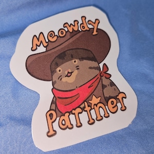 Cowboy Tabby Cat Vinyl Sticker: Meowdy Partner Waterproof Decal