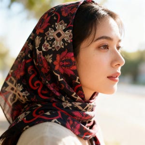 Può includere: Una donna indossa un foulard nero con un motivo floreale rosso, rosa e beige. Il foulard è drappeggiato sulla testa e sulle spalle, con il motivo floreale in evidenza. Lo sfondo è sfocato, suggerendo un ambiente esterno.