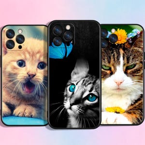 May include: Three phone cases with cat designs. One case features a ginger kitten with wide blue eyes and an open mouth. Another shows a black and white cat with blue eyes and a blue butterfly. The third case has a cat with a flower crown.