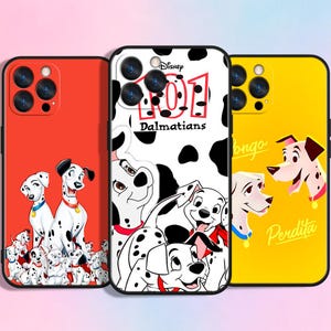 May include: Three phone cases featuring Disney's 101 Dalmatians. The cases are red, white, and yellow. The red case shows a Dalmatian family. The white case has the text "101 Dalmatians". The yellow case shows Pongo and Perdita.