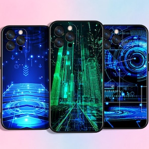 May include: Three smartphone cases with futuristic designs. The cases feature vibrant blue and green graphics with circuit board and cityscape themes. The cases have a black border and a camera cutout.
