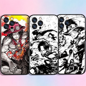 May include: Three phone cases with anime-style illustrations. The cases feature black and white drawings of characters with detailed facial features and accessories. One case has a red and yellow background, while the others are white.