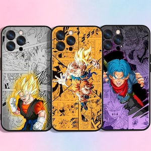 May include: Three phone cases with Dragon Ball Z anime character designs. The cases feature vibrant illustrations of characters in action poses, set against backgrounds of comic book panels in black, yellow, and purple. The cases have a glossy finish.