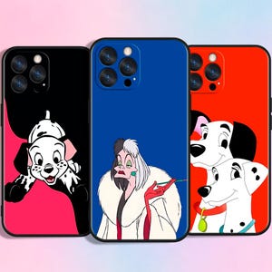 May include: Three phone cases featuring characters from the animated film, 101 Dalmatians. The cases have black, blue, and red backgrounds. One case has a Dalmatian puppy, another Cruella de Vil, and the third has two Dalmatians.