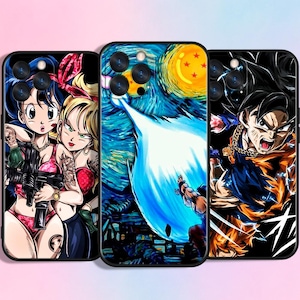 May include: Three black phone cases with colorful anime-style graphics. One case features two women with tattoos and a gun. Another depicts a blue energy blast with a starry sky background. The third case shows a character with spiky hair.