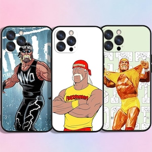 May include: Three phone cases featuring cartoon illustrations of a wrestler. The first case has a black and white image with the text "NWO". The second case has a wrestler in a yellow shirt and red headband. The third case has a wrestler in a yellow outfit.