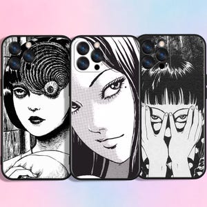 May include: Three phone cases with black and white manga-style illustrations. The cases feature portraits of women with distinctive hairstyles and facial expressions. The cases have a black border and a camera cutout.