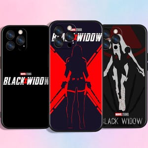 May include: Three smartphone cases featuring Black Widow designs. The left case is black with white text. The center case is red and black with a silhouette of a character and the text Black Widow. The right case is black with a white graphic.