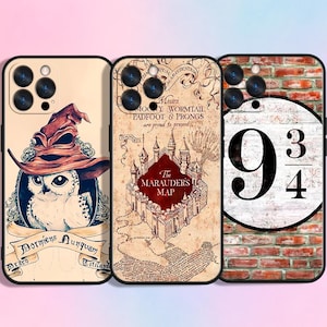 May include: Three phone cases with different designs. One features an owl wearing a sorting hat with the text "Dormiens Nunquam Titillandus Draco". Another has a map design with the text "The Marauders Map". The third case has a brick wall design with the numbers "9 3/4".