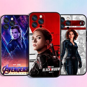 May include: Three phone cases featuring Black Widow imagery. The left case shows a purple-toned Avengers Endgame graphic. The center case displays a red and white Black Widow movie poster. The right case features a collage with the Black Widow logo.