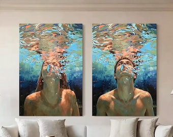 Set of 2 Swimming Man Woman Painting Couple Underwater Canvas Art Blue Water Wall Art Modern Living Room Decor