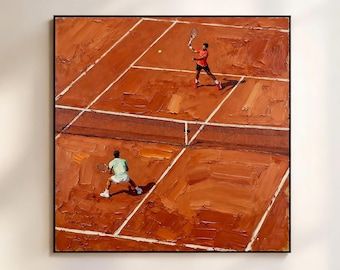 Origineel handgetekende tennistextuurolieverfschilderij rode minimalistische tennismuurkunst grote abstracte sportkunst tenniskunst tennisliefhebbers geschenken