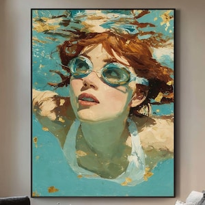 Original Mädchen Tauchen Ölgemälde Blau-grüne abstrakte Ozean Wandkunst Unterwasser Mädchen in Brille Handgezeichnete Gemälde Schwimmen Kunst